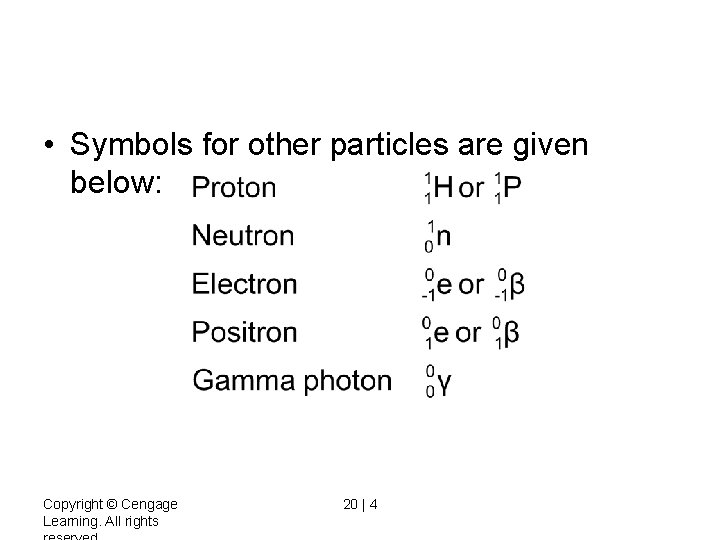  • Symbols for other particles are given below: Copyright © Cengage Learning. All