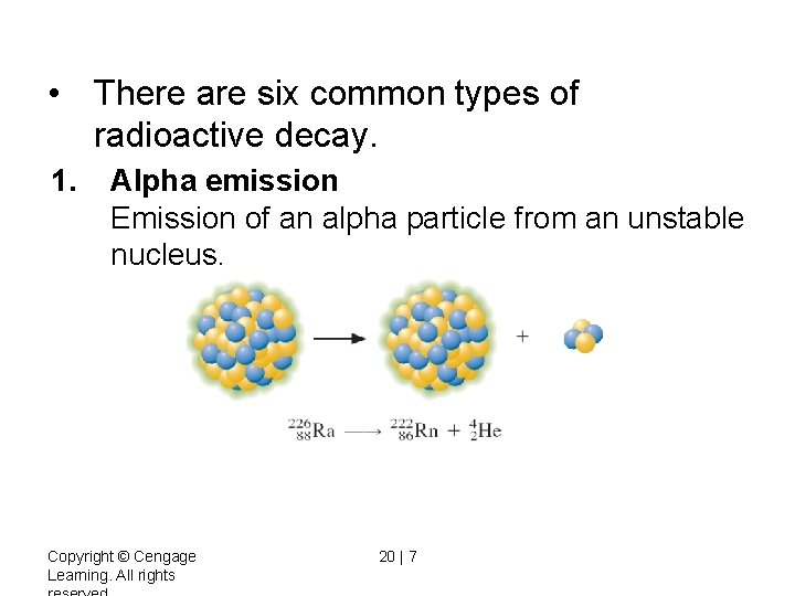  • There are six common types of radioactive decay. 1. Alpha emission Emission