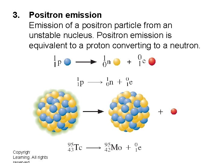 3. Positron emission Emission of a positron particle from an unstable nucleus. Positron emission