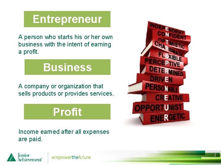 Entrepreneur A person who starts his or her own business with the intent of