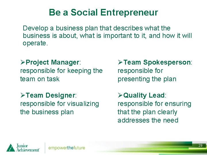 Be a Social Entrepreneur Develop a business plan that describes what the business is