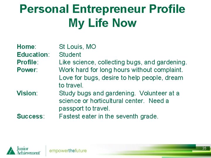 Personal Entrepreneur Profile My Life Now Home: Education: Profile: Power: Vision: Success: St Louis,