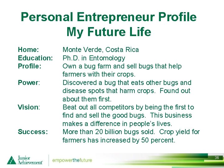 Personal Entrepreneur Profile My Future Life Home: Education: Profile: Power: Vision: Success: Monte Verde,