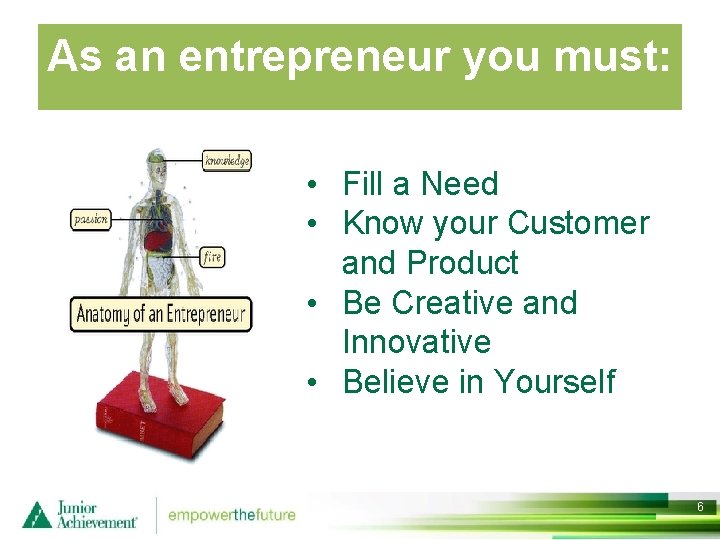 As an entrepreneur you must: • Fill a Need • Know your Customer and