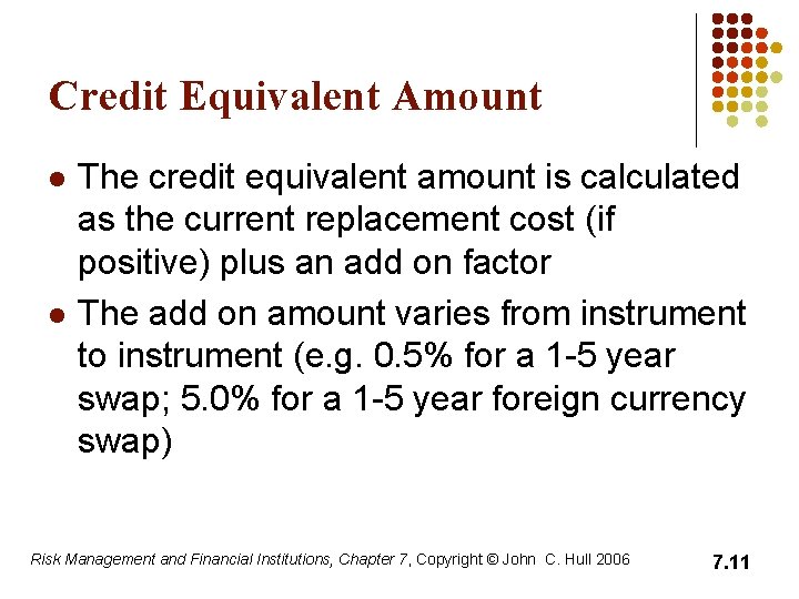 Credit Equivalent Amount l l The credit equivalent amount is calculated as the current