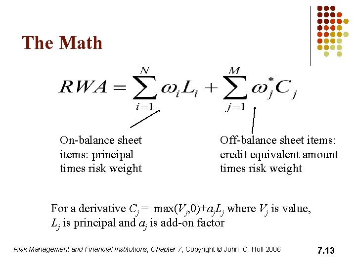 The Math On-balance sheet items: principal times risk weight Off-balance sheet items: credit equivalent