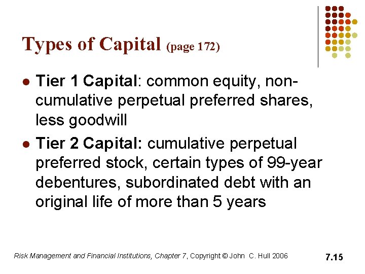 Types of Capital (page 172) l l Tier 1 Capital: common equity, noncumulative perpetual