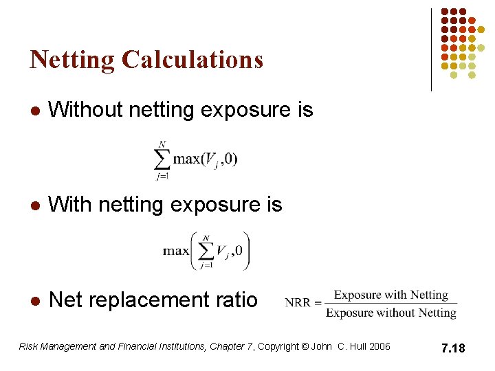 Netting Calculations l Without netting exposure is l With netting exposure is l Net