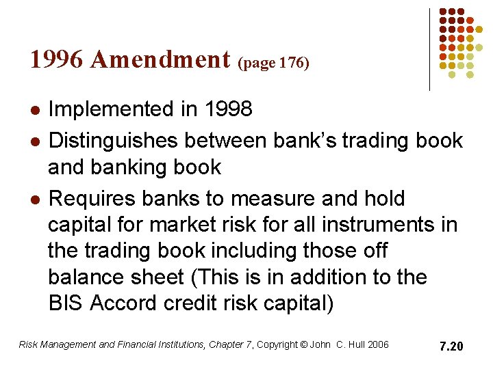 1996 Amendment (page 176) l l l Implemented in 1998 Distinguishes between bank’s trading