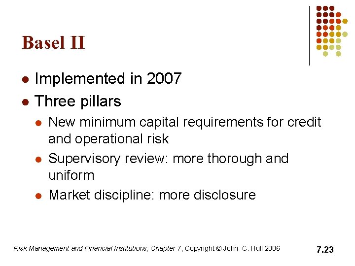Basel II l l Implemented in 2007 Three pillars l l l New minimum