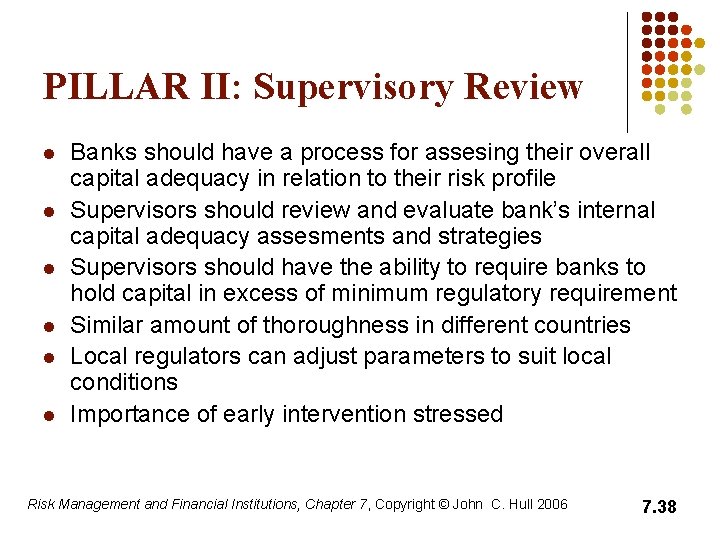 PILLAR II: Supervisory Review l l l Banks should have a process for assesing