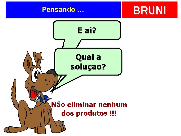 Pensando … E aí? Qual a soluçao? Não eliminar nenhum dos produtos !!! BRUNI