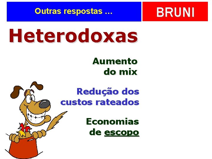 Outras respostas … Heterodoxas Aumento do mix Redução dos custos rateados Economias de escopo