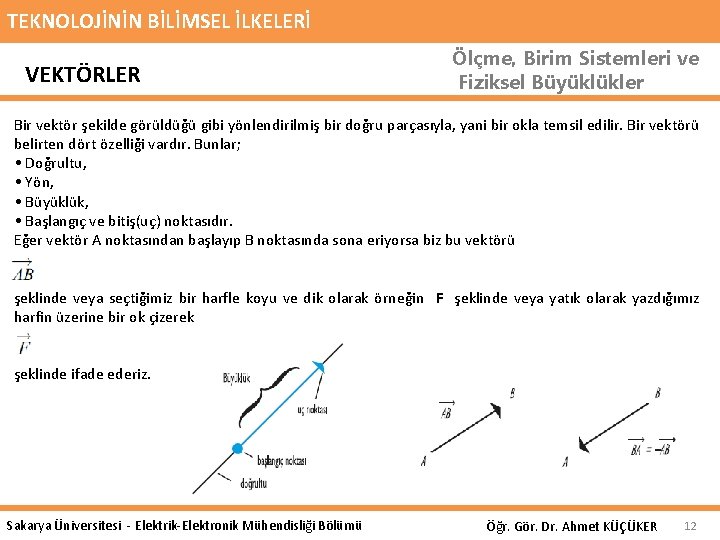 TEKNOLOJİNİN BİLİMSEL İLKELERİ VEKTÖRLER Ölçme, Birim Sistemleri ve Fiziksel Büyüklükler Bir vektör şekilde görüldüğü