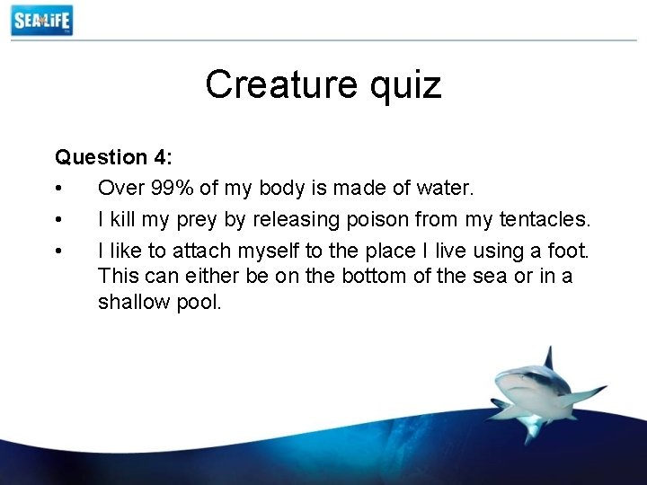 Creature quiz Question 4: • Over 99% of my body is made of water.