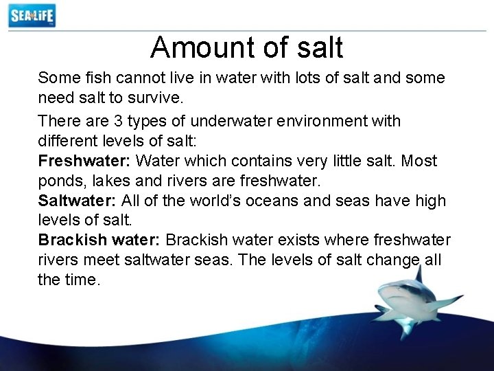 Amount of salt Some fish cannot live in water with lots of salt and