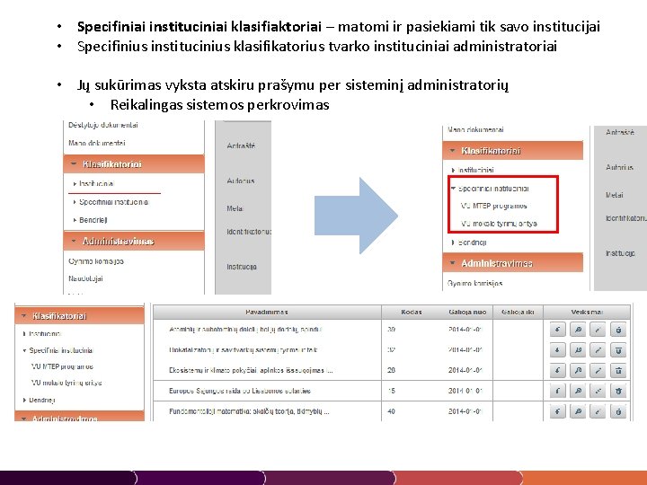  • Specifiniai instituciniai klasifiaktoriai – matomi ir pasiekiami tik savo institucijai • Specifinius