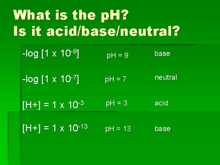 What is the p. H? Is it acid/base/neutral? -log [1 x 10 -9] p.