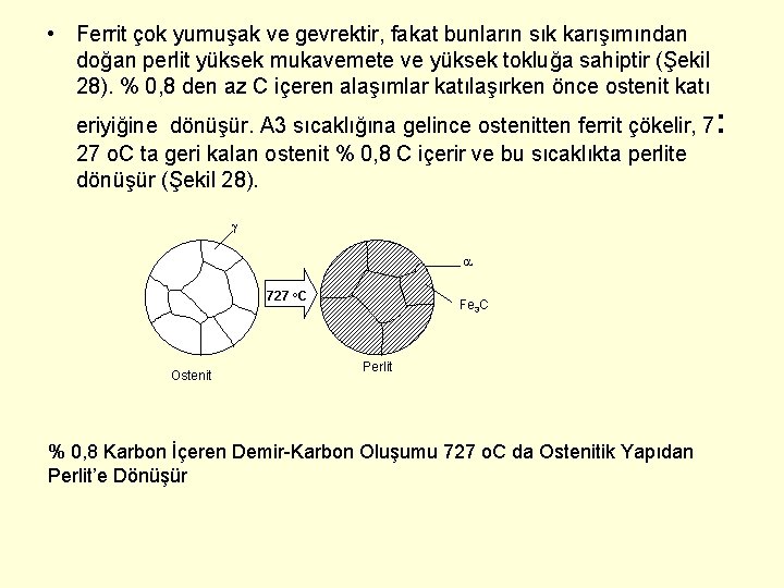  • Ferrit çok yumuşak ve gevrektir, fakat bunların sık karışımından doğan perlit yüksek