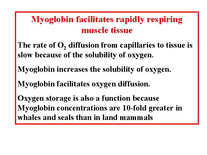 Myoglobin facilitates rapidly respiring muscle tissue The rate of O 2 diffusion from capillaries