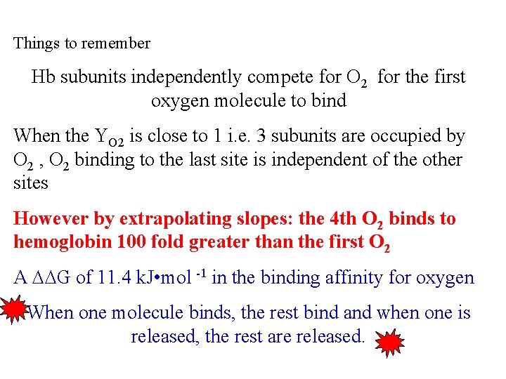 Things to remember Hb subunits independently compete for O 2 for the first oxygen