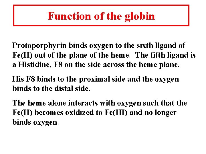 Function of the globin Protoporphyrin binds oxygen to the sixth ligand of Fe(II) out