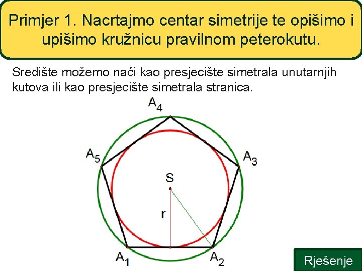 Primjer 1. Nacrtajmo centar simetrije te opišimo i upišimo kružnicu pravilnom peterokutu. Središte možemo