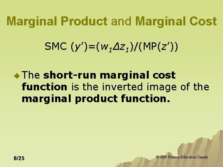 Marginal Product and Marginal Cost SMC (y’)=(w 1Δz 1)/(MP(z’)) u The short-run marginal cost Marginal Product and Marginal Cost SMC (y’)=(w 1Δz 1)/(MP(z’)) u The short-run marginal cost
