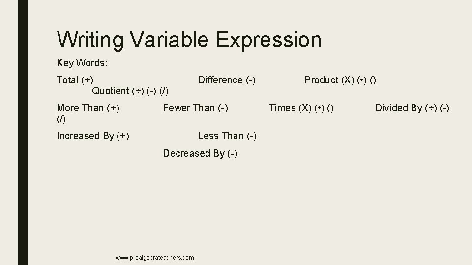 Writing Variable Expression Key Words: Total (+) Quotient (÷) (-) (/) More Than (+) Writing Variable Expression Key Words: Total (+) Quotient (÷) (-) (/) More Than (+)