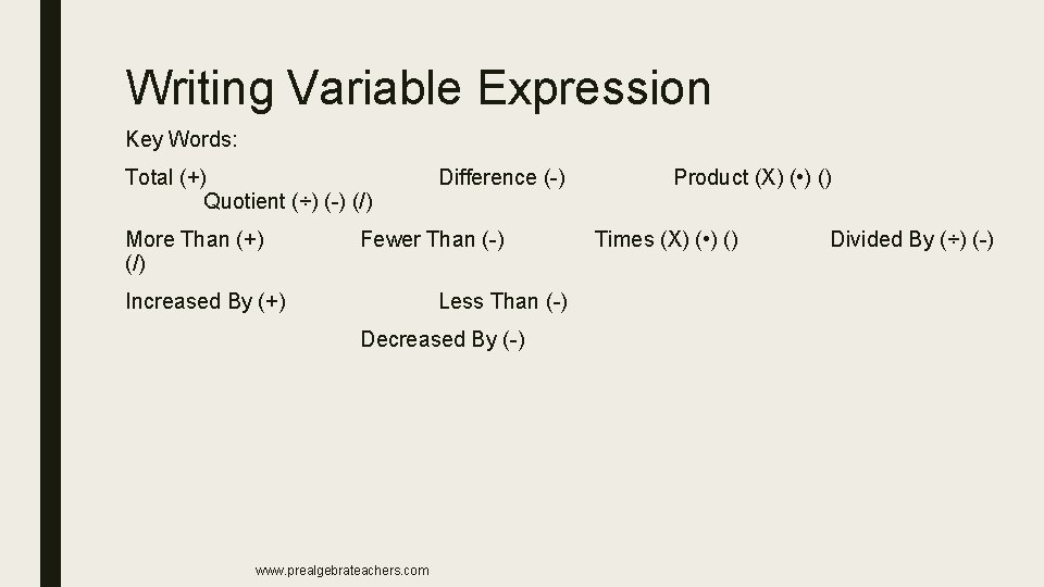 Writing Variable Expression Key Words: Total (+) Quotient (÷) (-) (/) More Than (+)