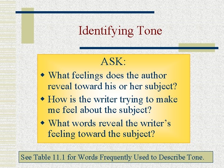 Identifying Tone ASK: w What feelings does the author reveal toward his or her