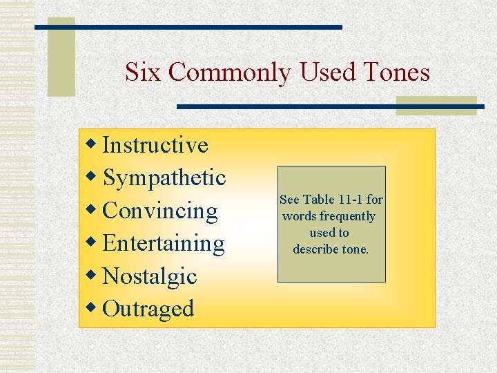 Six Commonly Used Tones w Instructive w Sympathetic w Convincing w Entertaining w Nostalgic Six Commonly Used Tones w Instructive w Sympathetic w Convincing w Entertaining w Nostalgic