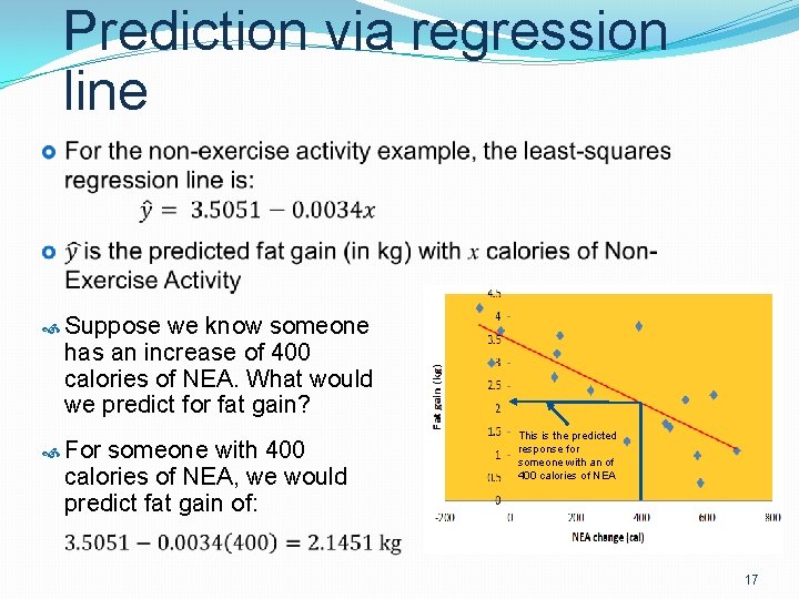 Prediction via regression line Suppose we know someone has an increase of 400 calories