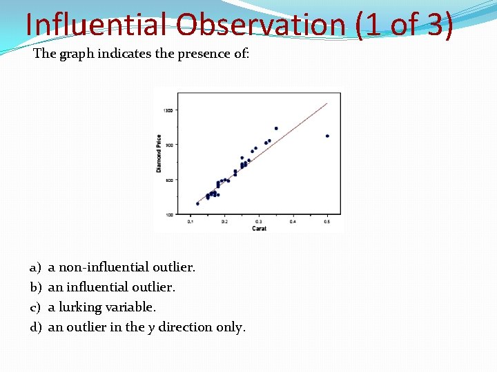 Influential Observation (1 of 3) The graph indicates the presence of: a) b) c)