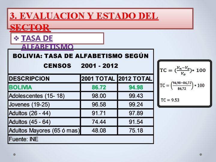 3. EVALUACION Y ESTADO DEL SECTOR v TASA DE ALFABETISMO 