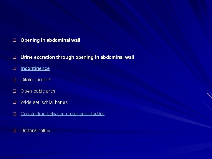 q Opening in abdominal wall q Urine excretion through opening in abdominal wall q