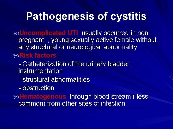 Pathogenesis of cystitis Uncomplicated UTI usually occurred in non pregnant , young sexually active