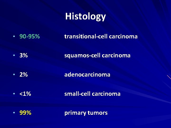 Histology • 90 -95% transitional-cell carcinoma • 3% squamos-cell carcinoma • 2% adenocarcinoma •