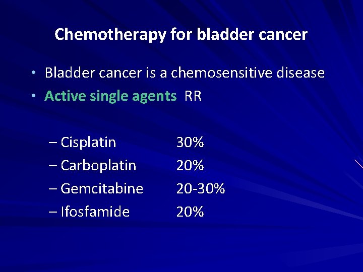 Chemotherapy for bladder cancer • Bladder cancer is a chemosensitive disease • Active single