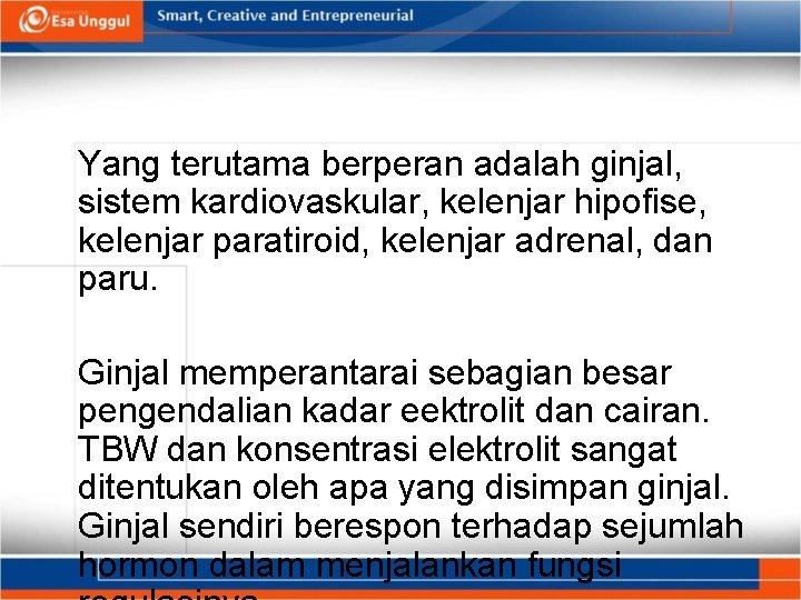 Yang terutama berperan adalah ginjal, sistem kardiovaskular, kelenjar hipofise, kelenjar paratiroid, kelenjar adrenal, dan