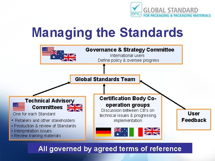 Managing the Standards Governance & Strategy Committee International users Define policy & oversee progress