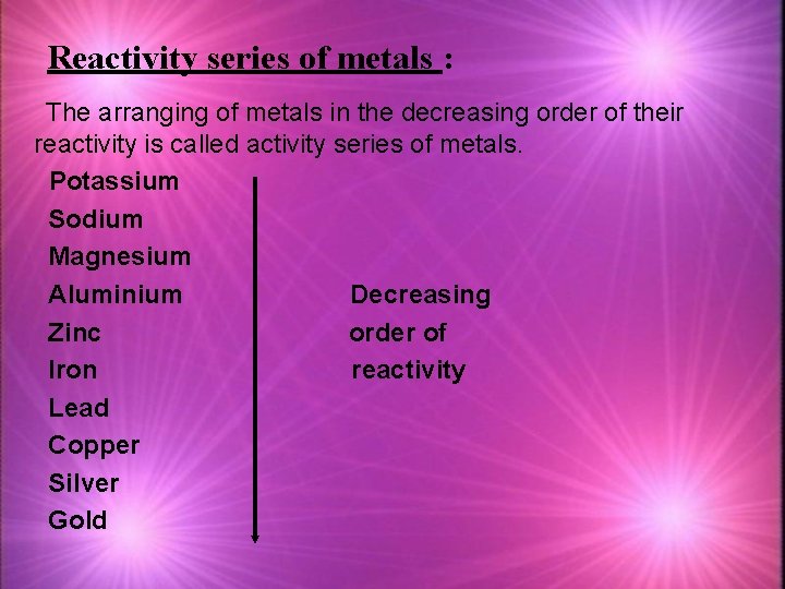 Reactivity series of metals : The arranging of metals in the decreasing order of