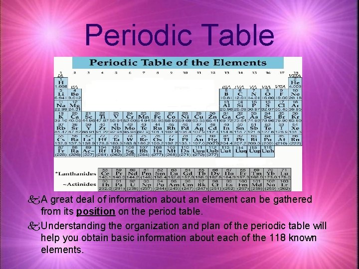 Periodic Table k A great deal of information about an element can be gathered