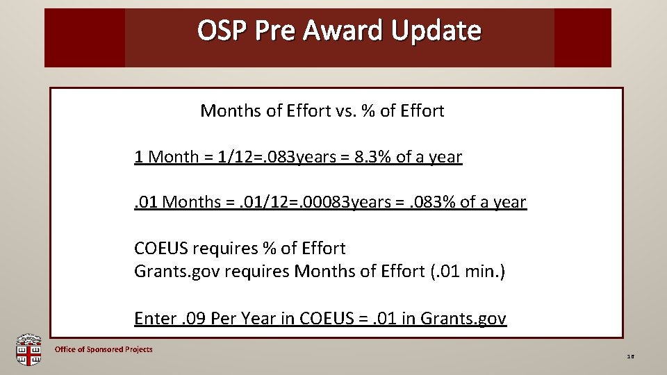 OSP Pre Award Update OSP Brown Bag Months of Effort vs. % of Effort