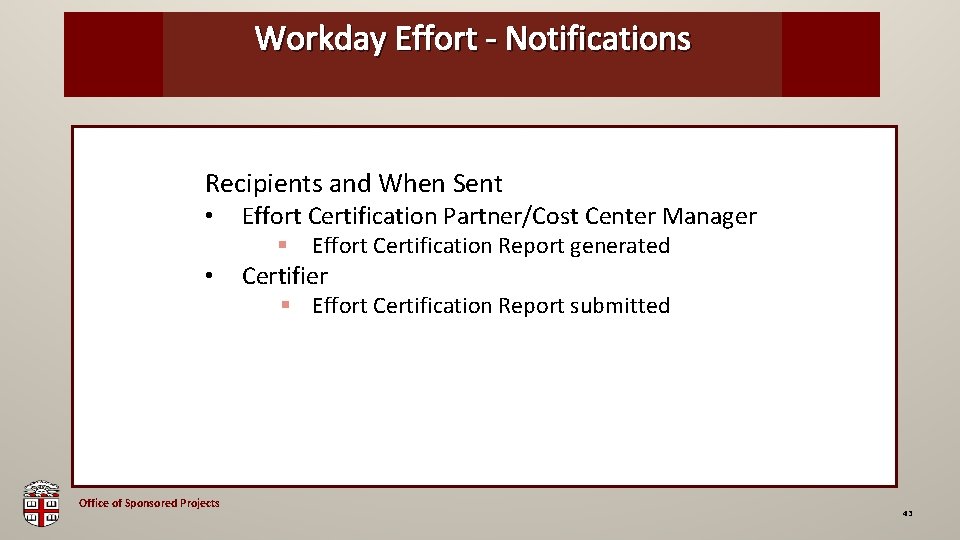 Workday Effort - Notifications OSP Brown Bag Recipients and When Sent • Effort Certification