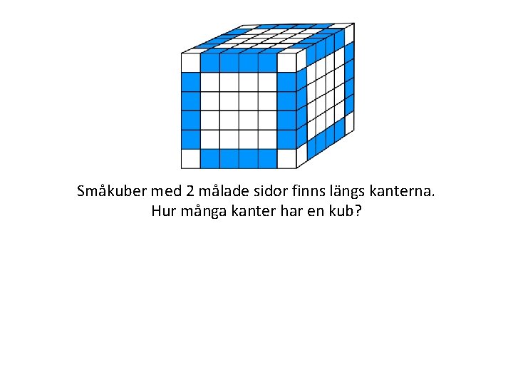 Småkuber med 2 målade sidor finns längs kanterna. Hur många kanter har en kub?