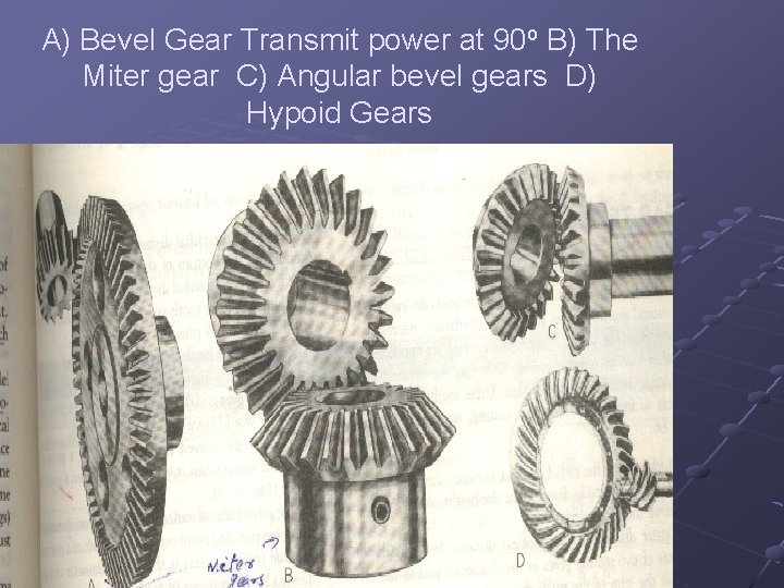 A) Bevel Gear Transmit power at 90 o B) The Miter gear C) Angular