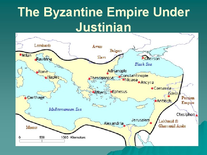 The Byzantine Empire Under Justinian This map depicts the Empire at the death of