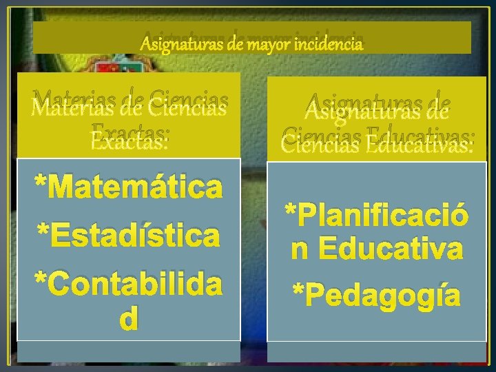 Asignaturas de mayor incidencia Materias de Ciencias Exactas: *Matemática *Estadística *Contabilida d Asignaturas de