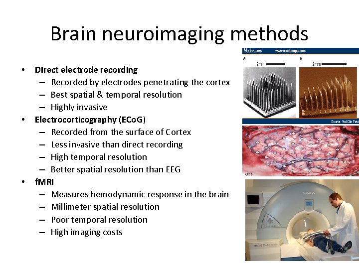 Brain neuroimaging methods • • • Direct electrode recording – Recorded by electrodes penetrating